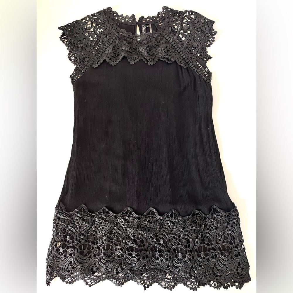 Andree By Unit Black Trim Mini Dress Stretch Lace Cap Sleeves Hem Women Large